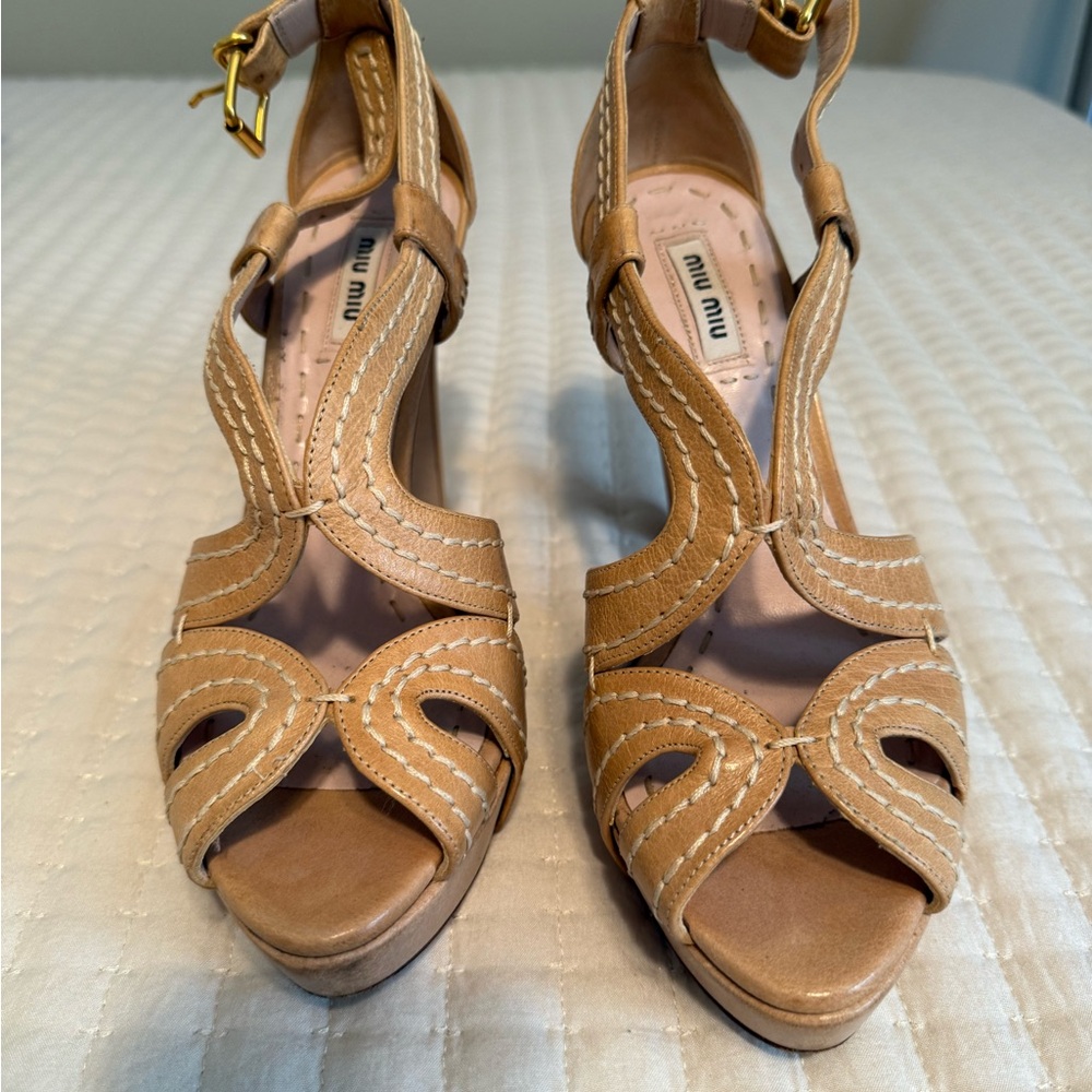 Miu Miu Beige Leather Heeled Sandals